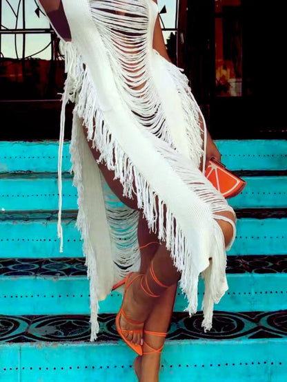 Fringe Split Square Neck Midi Dress