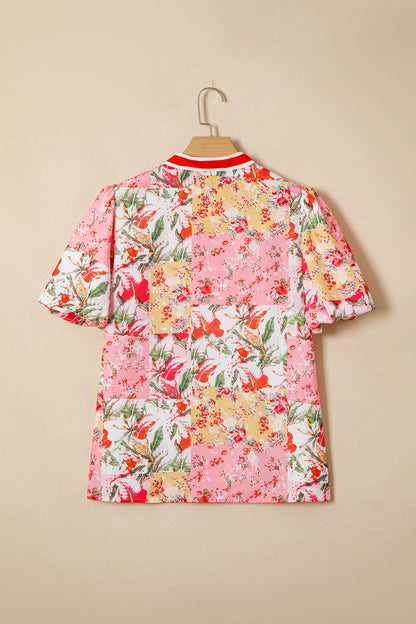Pink Contrast Collared V Neck Short Sleeve Floral Blouse