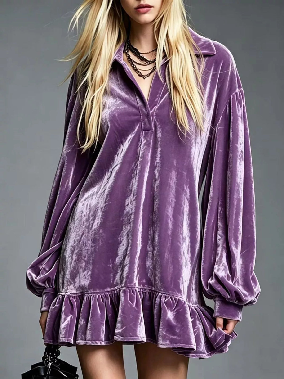 Full Size Velvet Long-Sleeve Ruffle Hem Mini Dress Plus Size