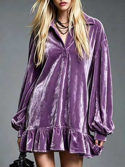 Full Size Velvet Long-Sleeve Ruffle Hem Mini Dress Plus Size