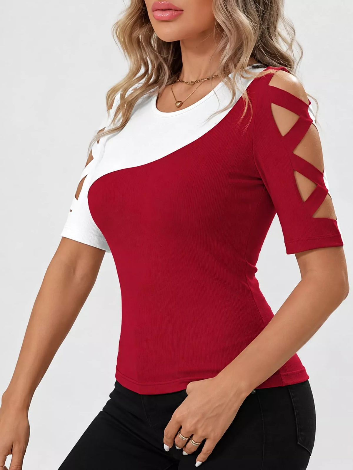 Plus Size Color Block Cutout Sleeve T-Shirt