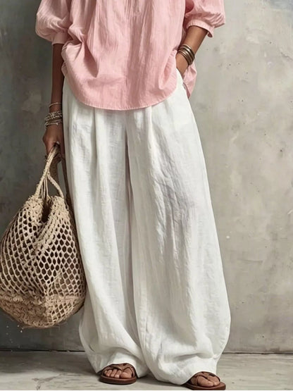 Notched Blouse and Wide-Leg Pants Set