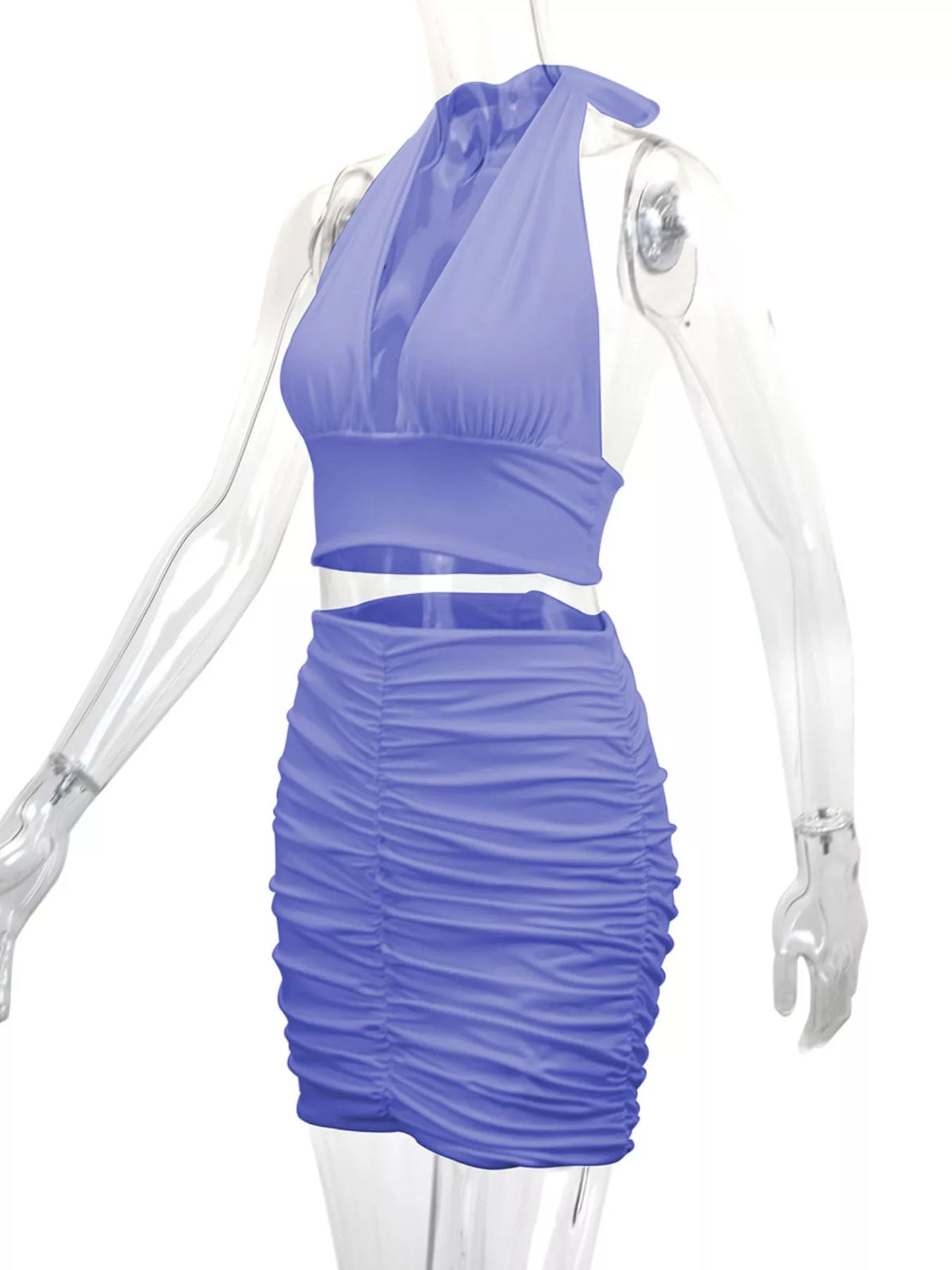 Halter Crop Top and Ruched Bodycon Mini Skirt Set