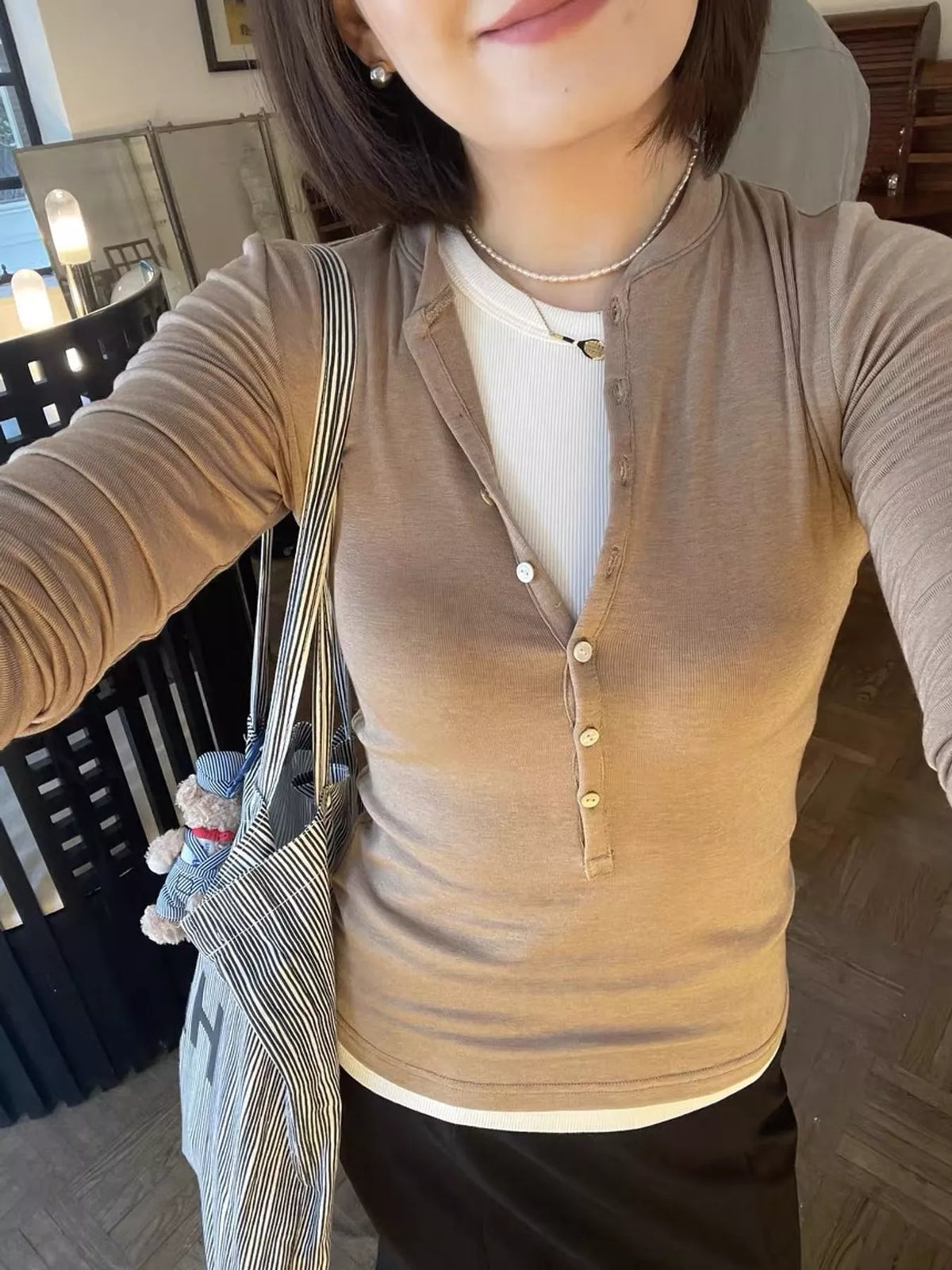 Slim-Fit Button-Down Long Sleeve Knit Top