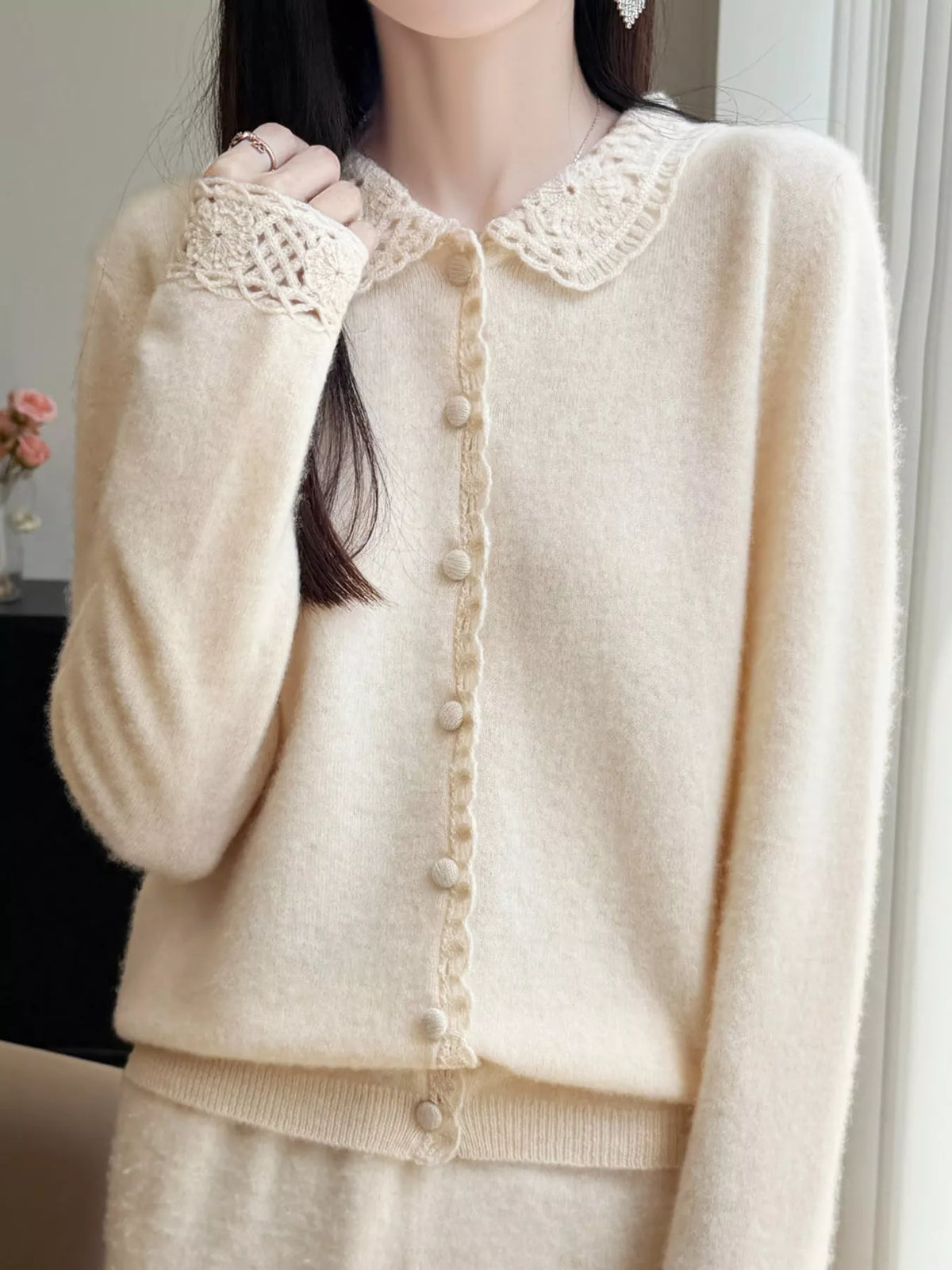 Lace-Collar Button Down Knit Cardigan