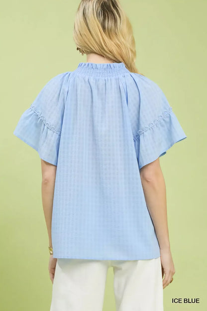 Umgee Gingham Puff Sleeve Top with Lace Trim