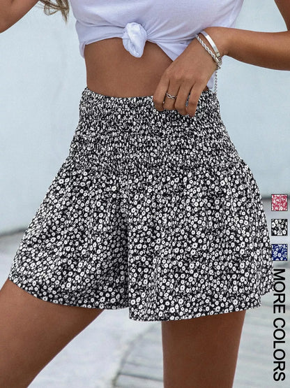 Floral Print Elastic Waist Shorts