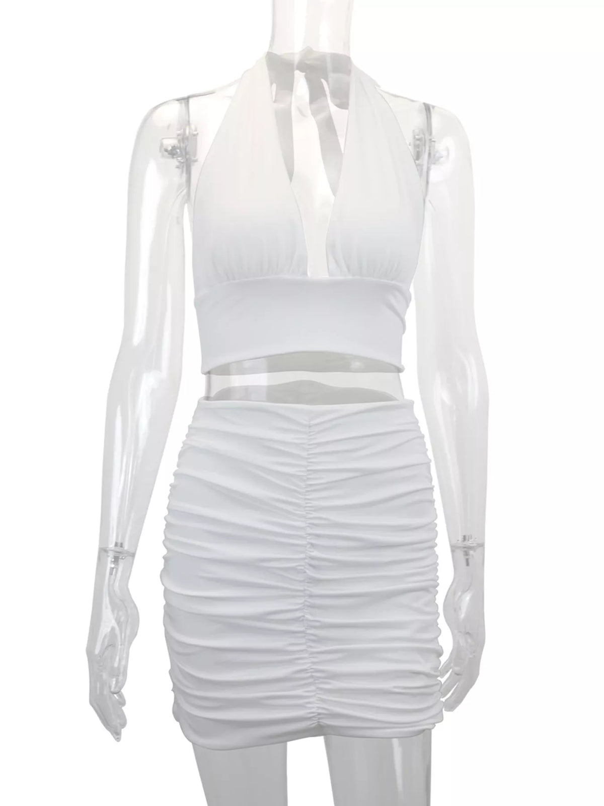 Halter Crop Top and Ruched Bodycon Mini Skirt Set