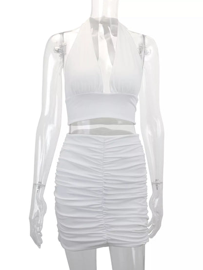 Halter Crop Top and Ruched Bodycon Mini Skirt Set