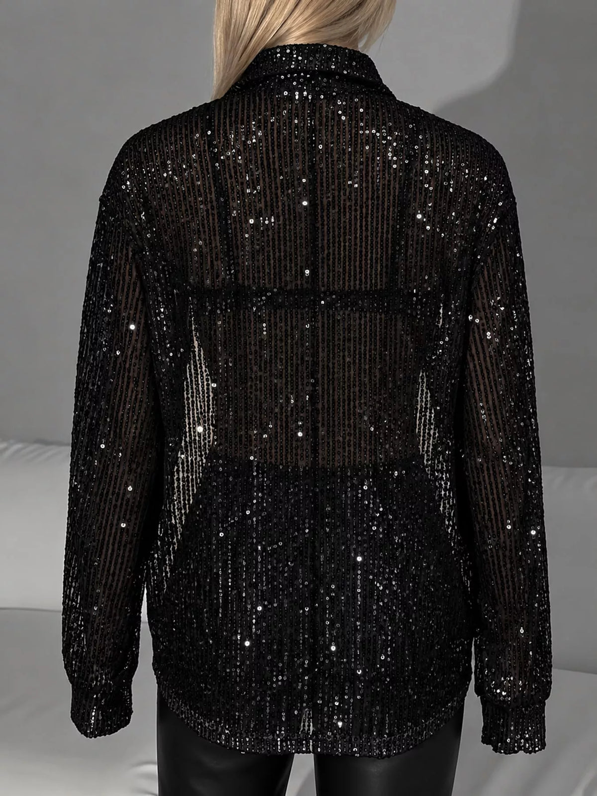 Full Size Sequin Button Up Long Sleeve Shirt Plus Size