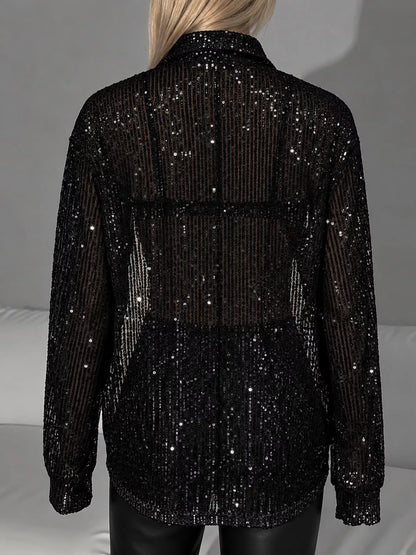 Full Size Sequin Button Up Long Sleeve Shirt Plus Size