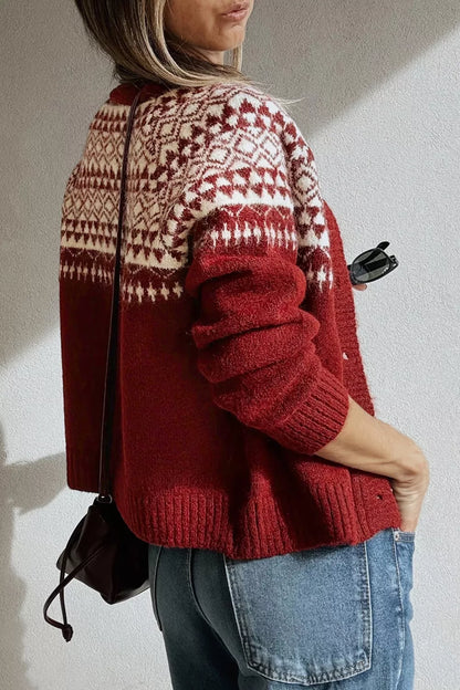 Geometric Print Button Front Long Sleeve Knitwear Cardigan