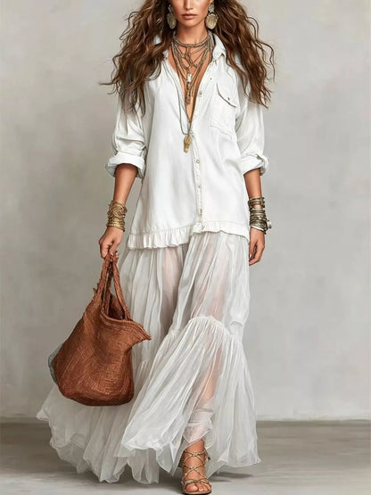 Full Size Sheer Tiered Long Sleeve Maxi Dress Plus Size