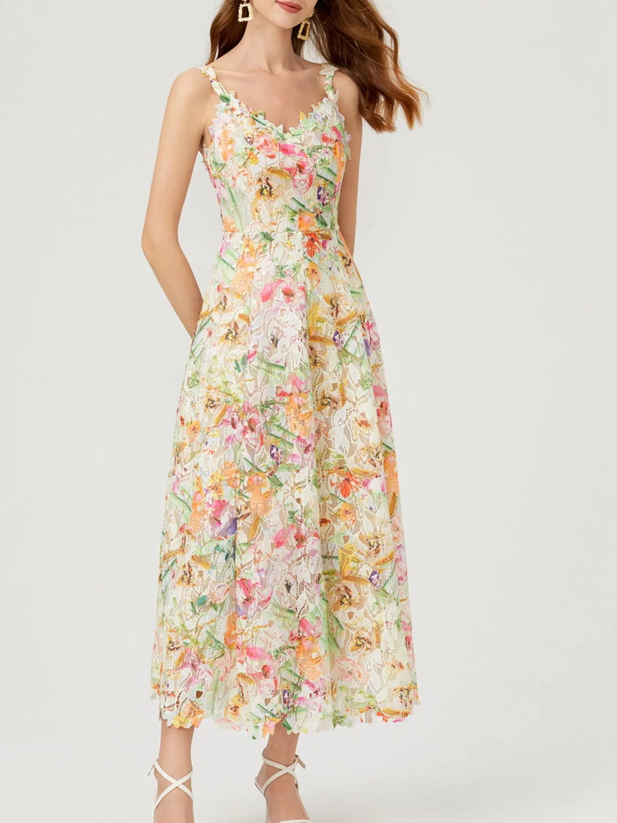 Floral Lace Sleeveless V-Neck Midi Dress