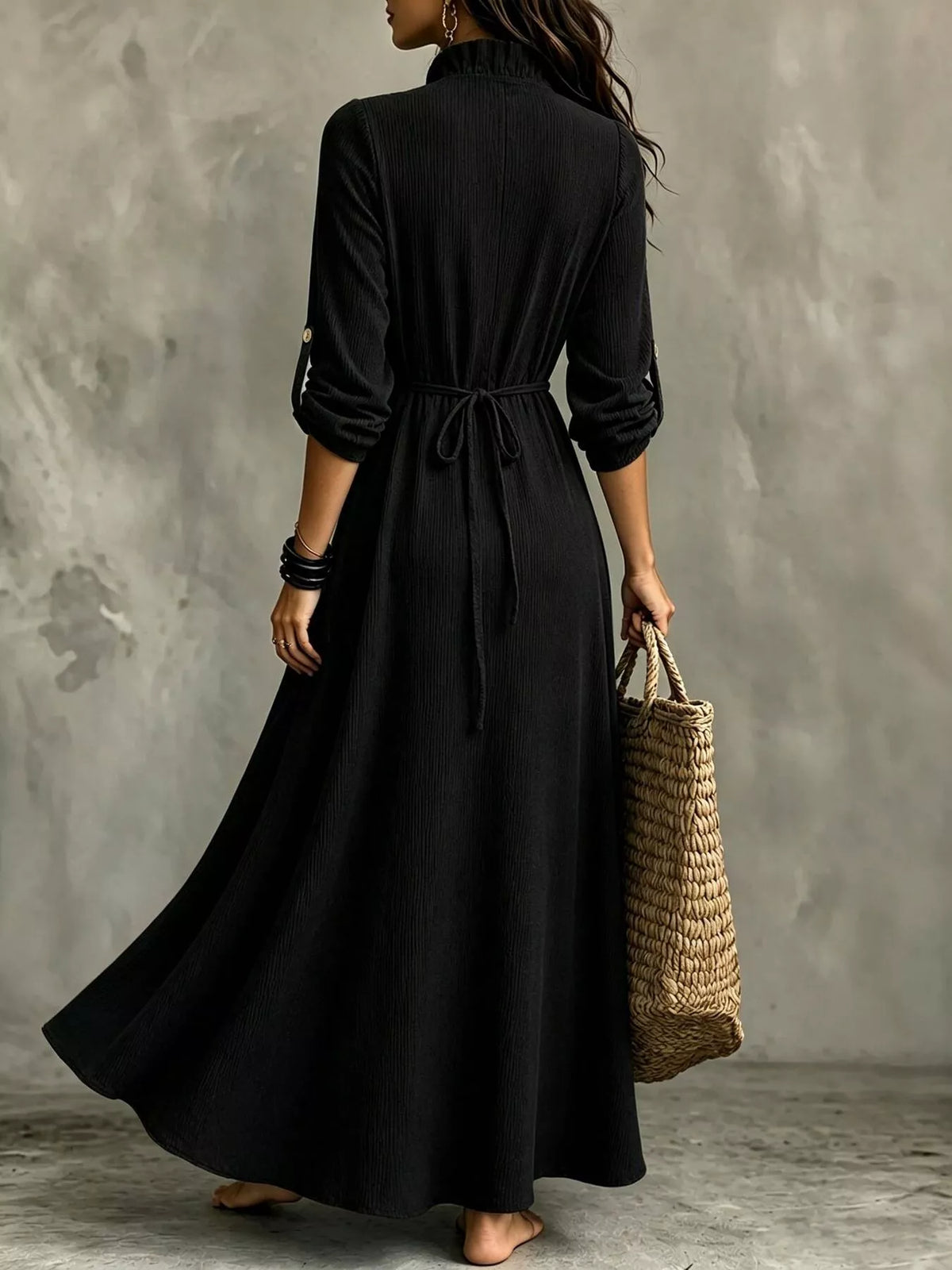 Plus Size V-Neck Maxi Dress with Roll-Up Sleeves