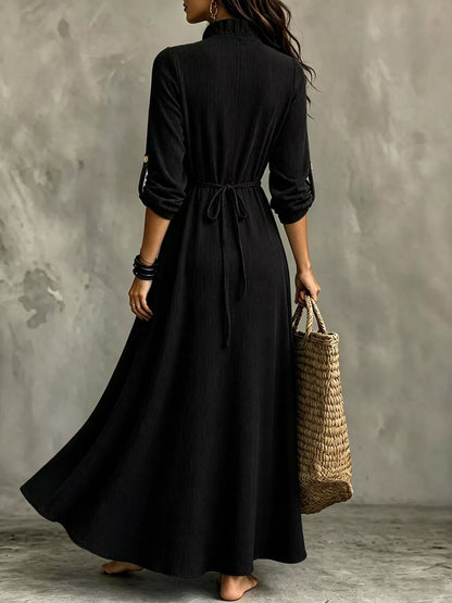 Plus Size V-Neck Maxi Dress with Roll-Up Sleeves