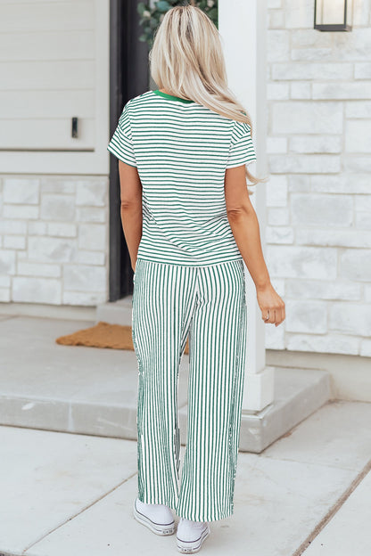 Sky Blue Stripe Crew Neck Tee Drawstring Waist Cropped Pants Set