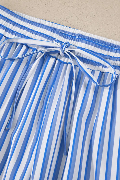 Stripe Drawstring Elastic Waist Patch Pocket Wide Leg Ankle-length Pants