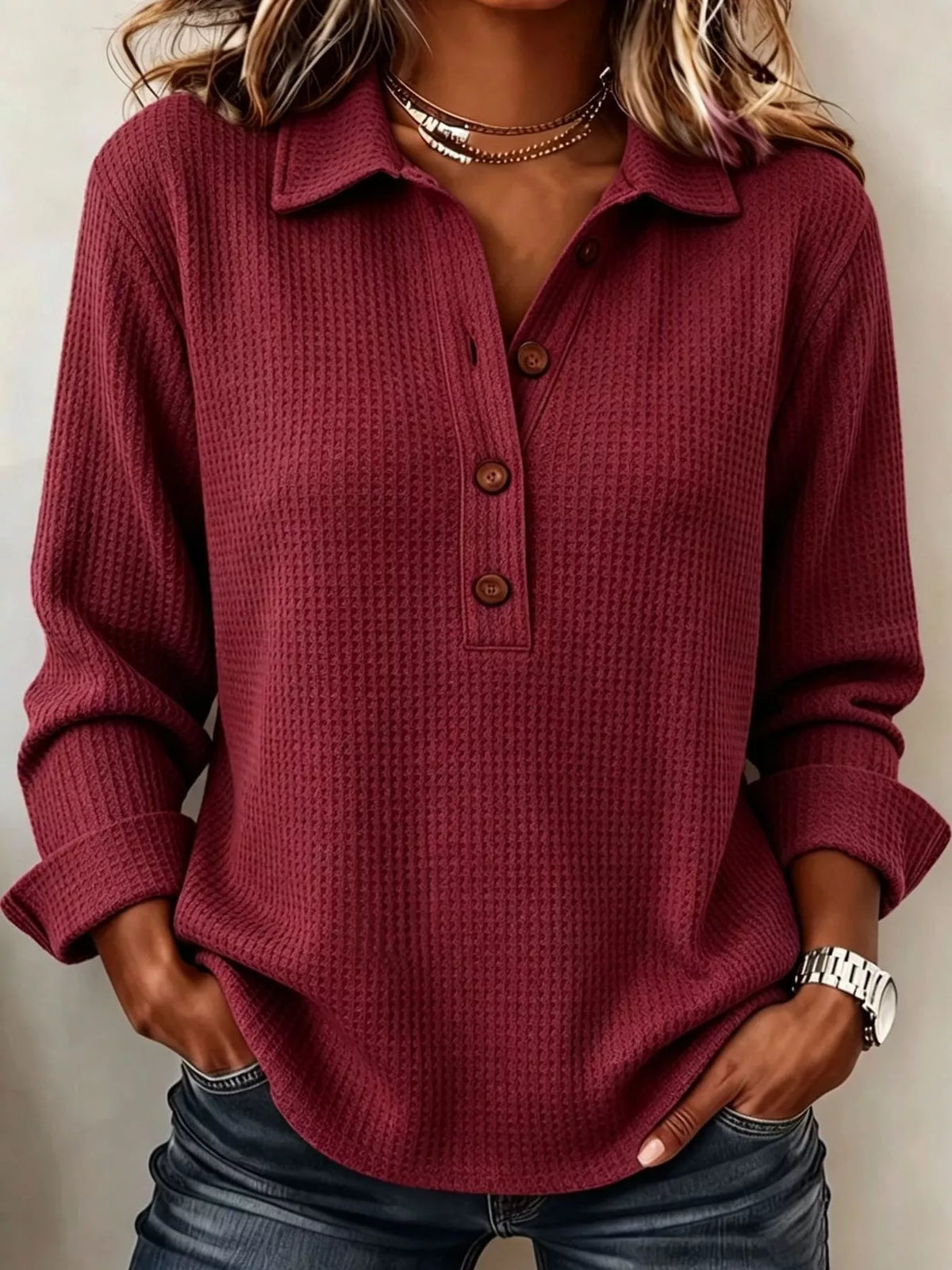Full Size Waffle Knit Long Sleeve Polo Top Plus Size