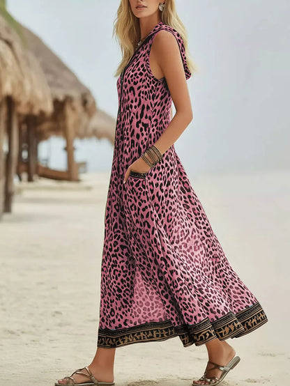 Leopard Zip Front Hooded Dress