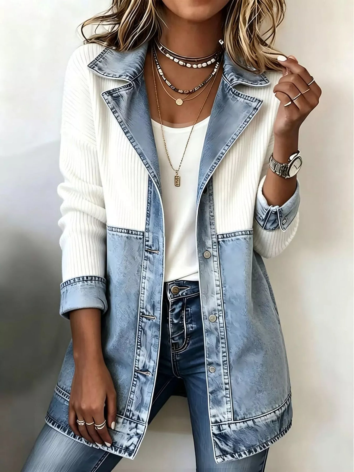 Color-Block Denim and Knit Patchwork Casual Jacket