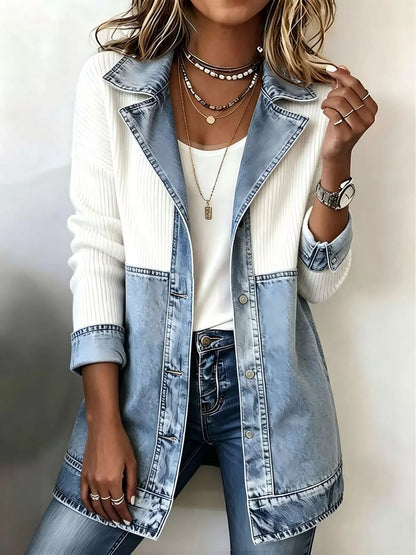 Color-Block Denim and Knit Patchwork Casual Jacket
