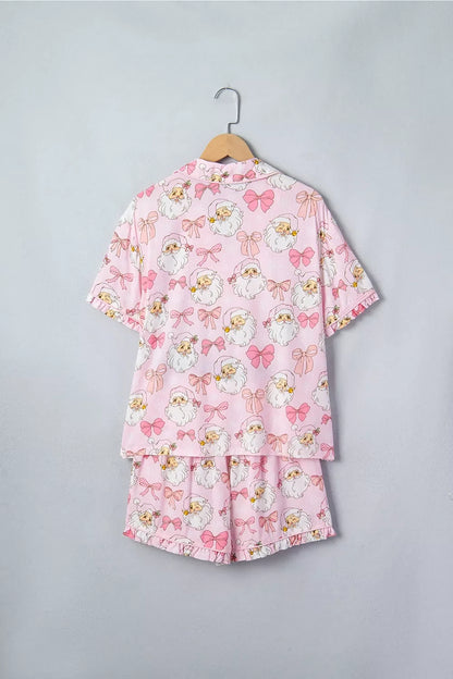 Santa Print Paneling Shift Silhouette Short Sleeve Lounge Set