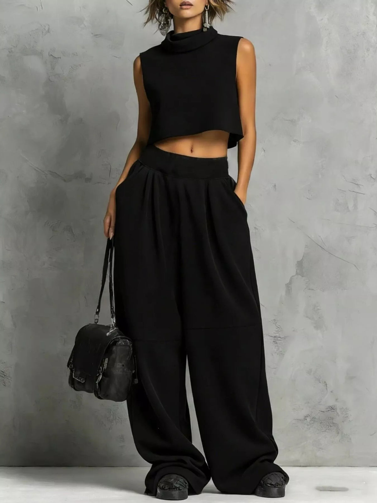 Sleeveless Mock Neck Crop Top and Wide-Leg Sweatpants Set