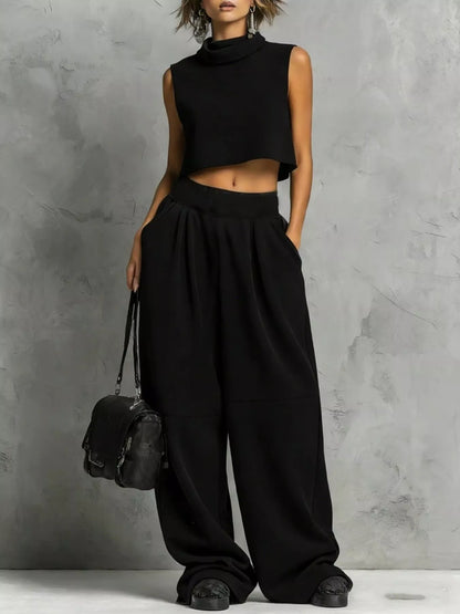 Sleeveless Mock Neck Crop Top and Wide-Leg Sweatpants Set