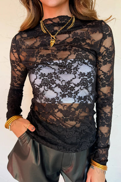 Black Sheer Floral Lace Lettuce Trim Mock Neck Long Sleeve Top