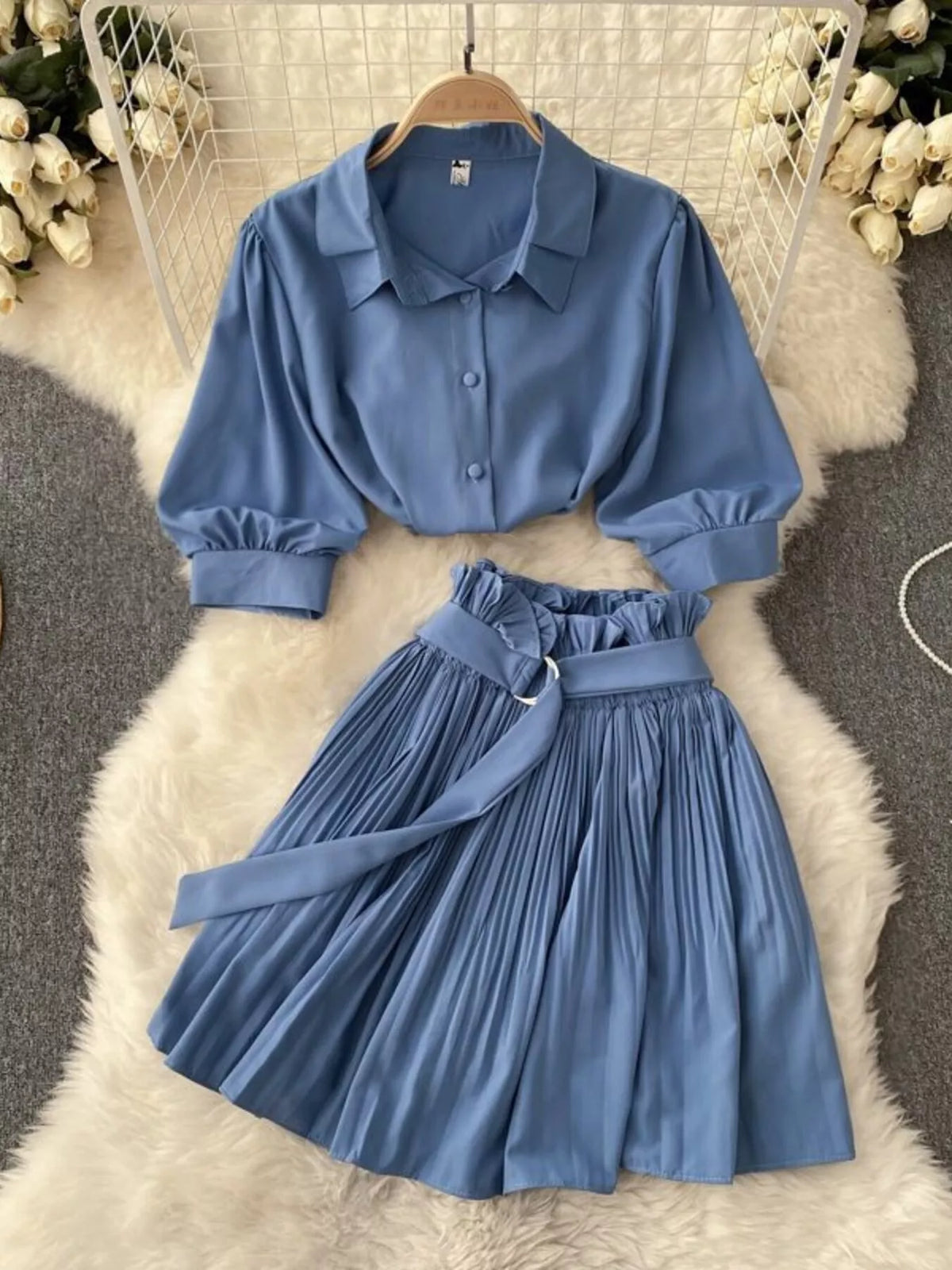 Puff Sleeve Shirt and Pleated Skirt Set