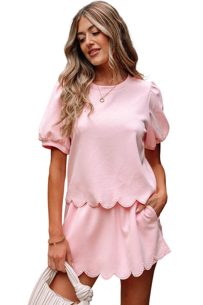 Beau Blue Puff Sleeve Pearl Embellished Scallop Trim Top 2 Piece Skort Set