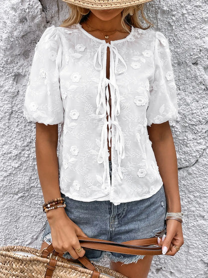 Tie Front Puff Sleeve Blouse