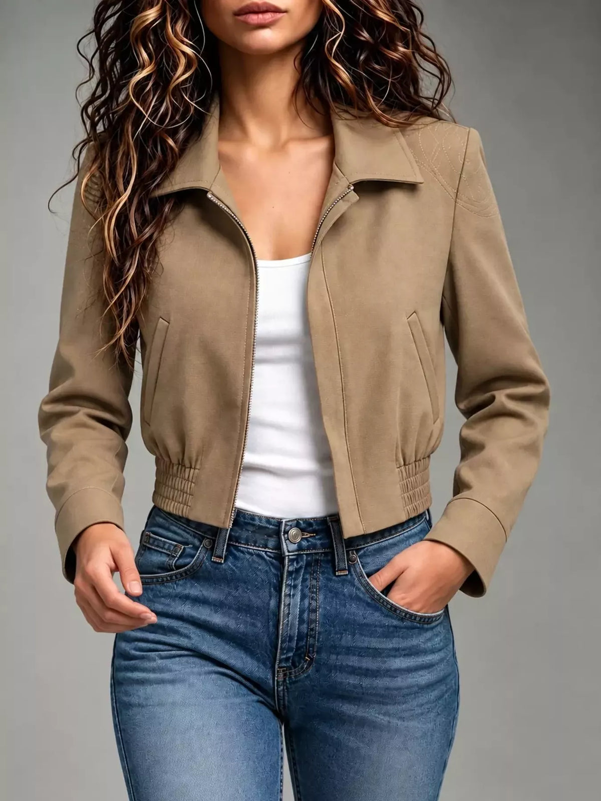 Zip Up Elasticized Hem Cropped Jacket