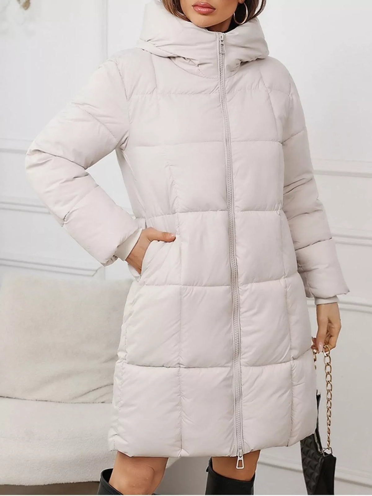 Full Size Zip Up Hooded Longline Puffer Outerwear Plus Size