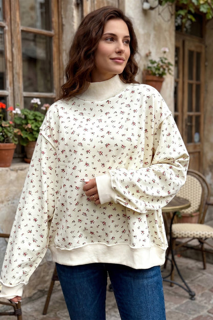 Beige Ribbed High Neck Patchwork Floral Print Baggy Pullover Sweatshirt
