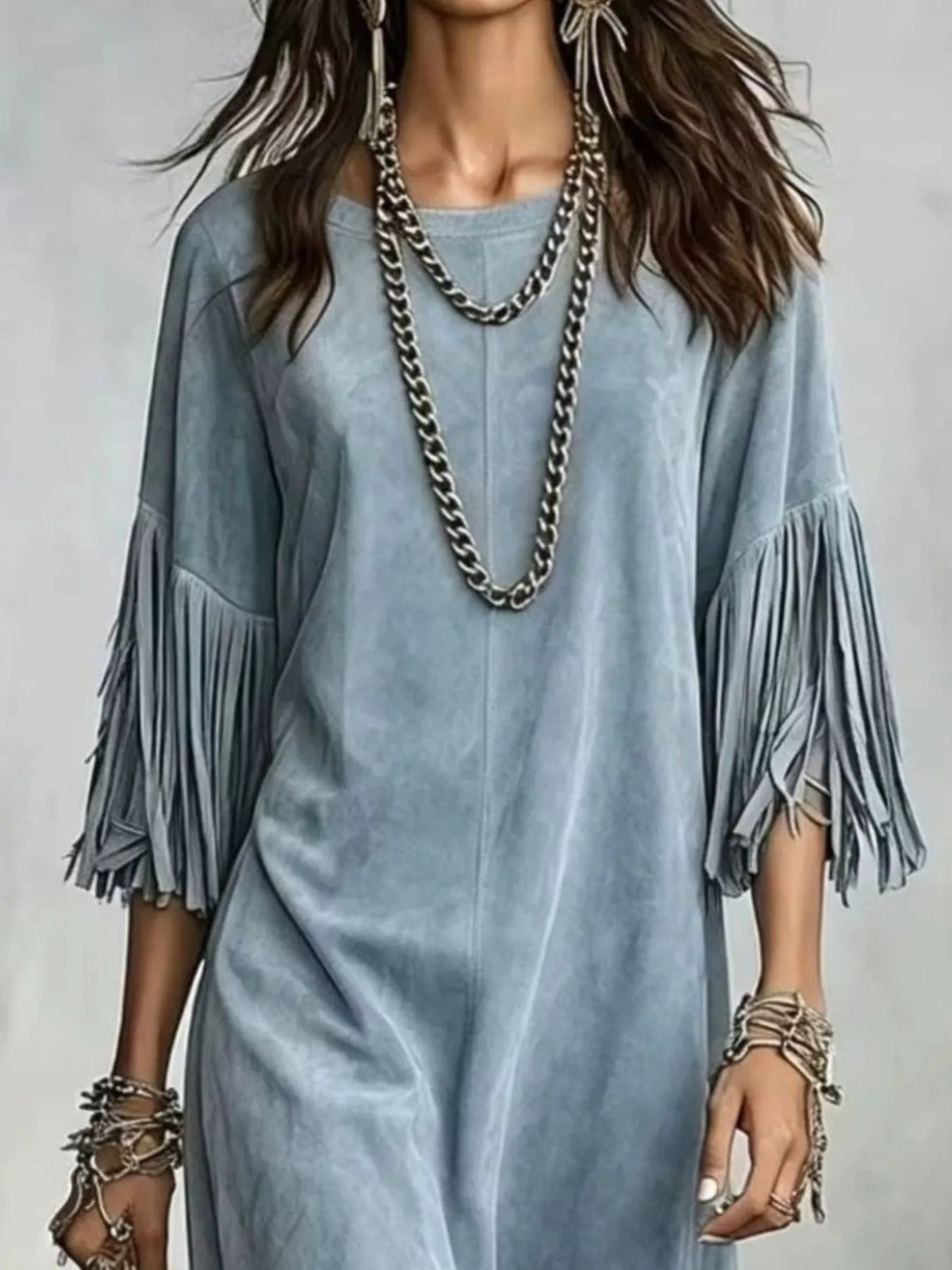 Fringed Round Neck Midi Dress