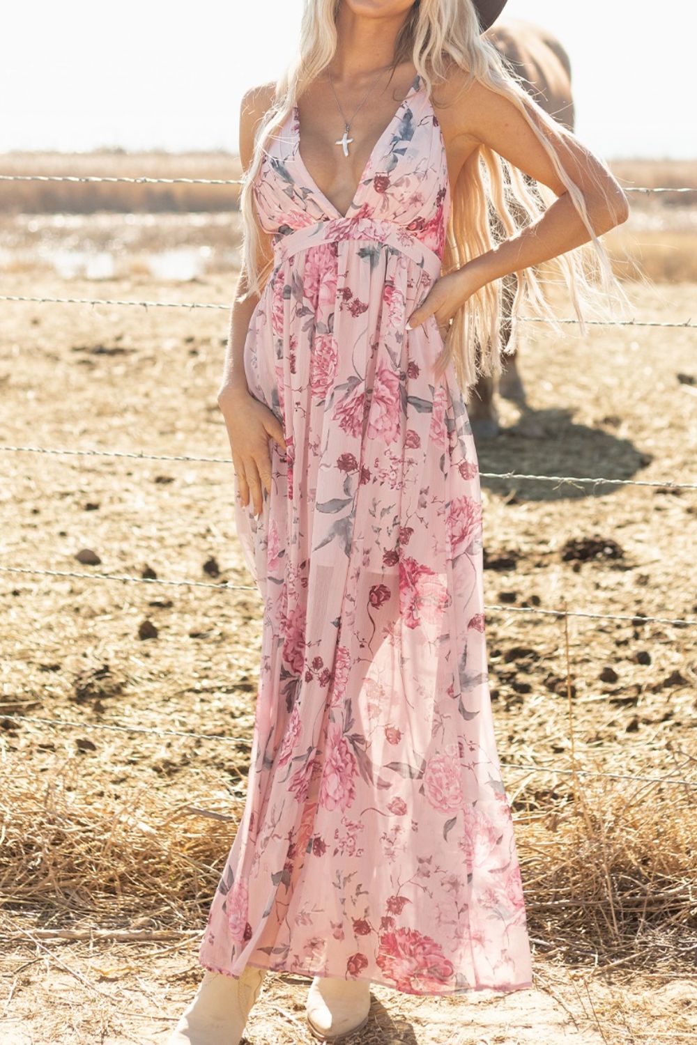 Floral Pleated Deep V Backless Maxi Dress