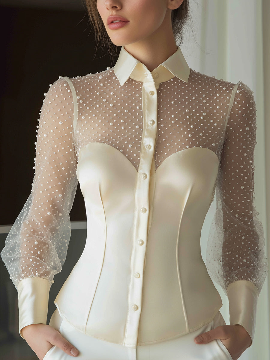 Pearl-Embellished Sheer Sleeve Structured Blouse Beige