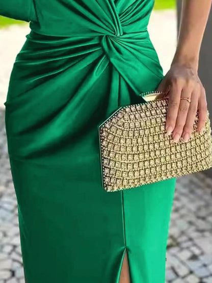 Full Size One-Shoulder Knot Detail Slit Maxi Dress Plus Size