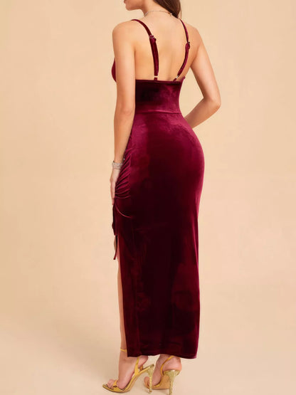Velvet Ruched Dress with High Slit