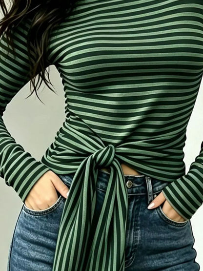 Long Sleeve Striped T-Shirt with Front Tie Detail