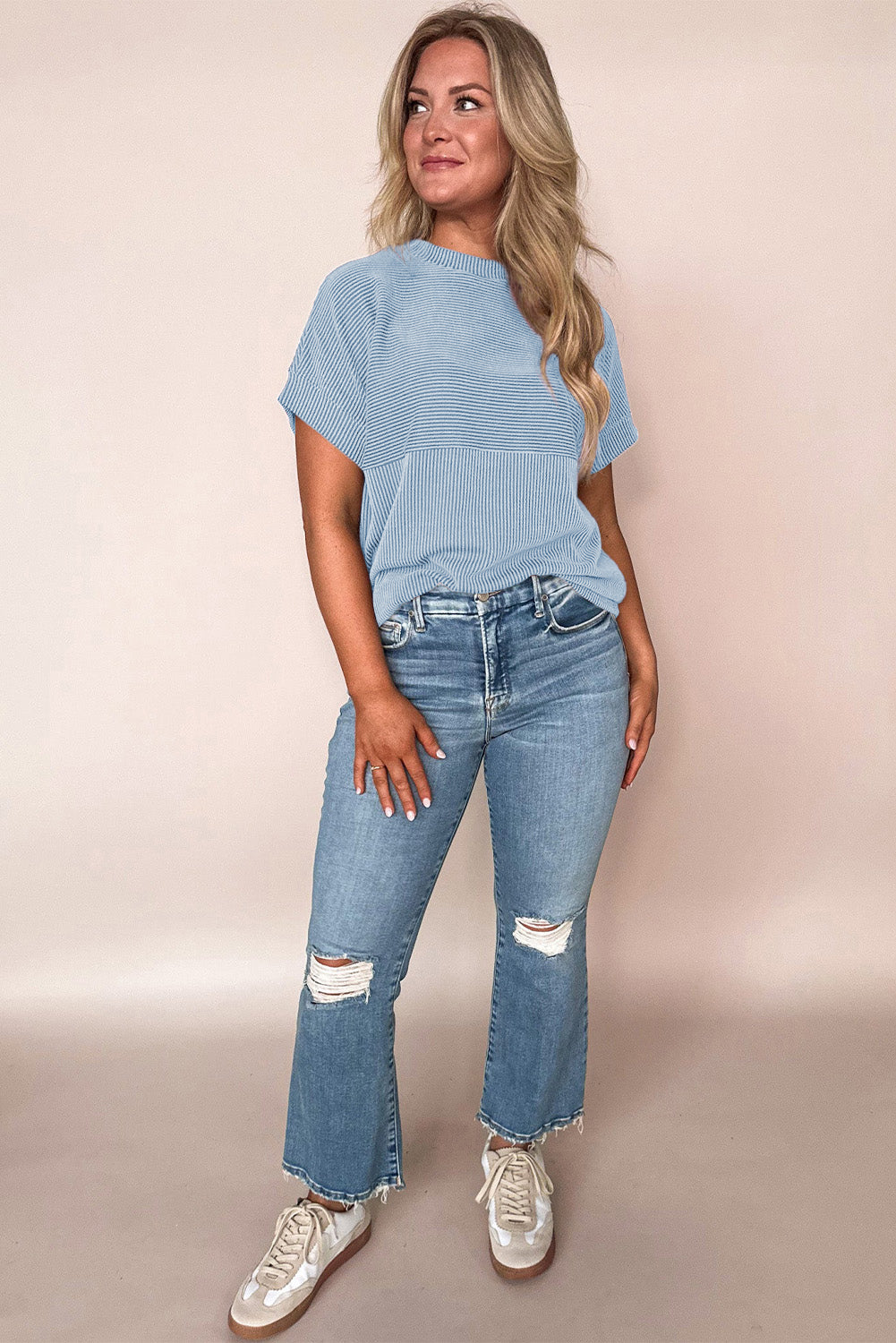 Myosotis Plain Corded Knit Mock Neck T Shirt