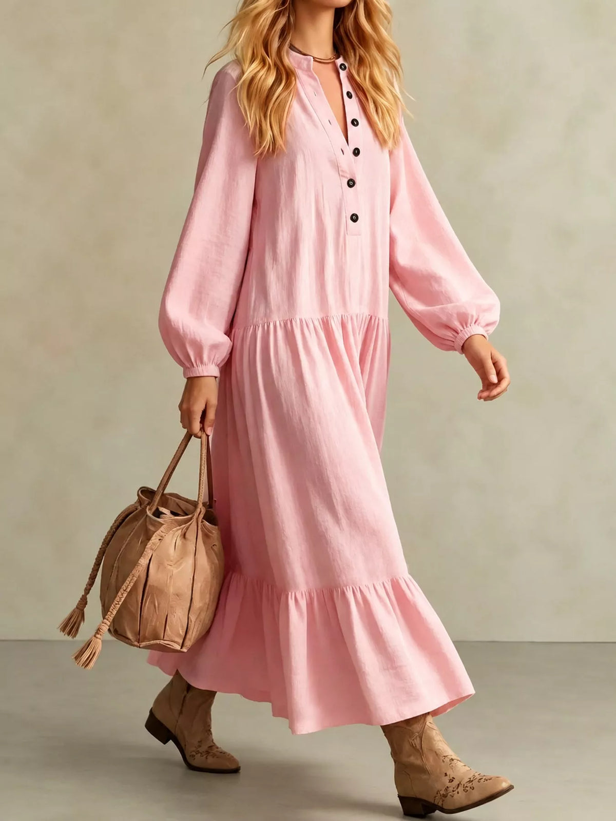 Button Front Tiered Maxi Dress