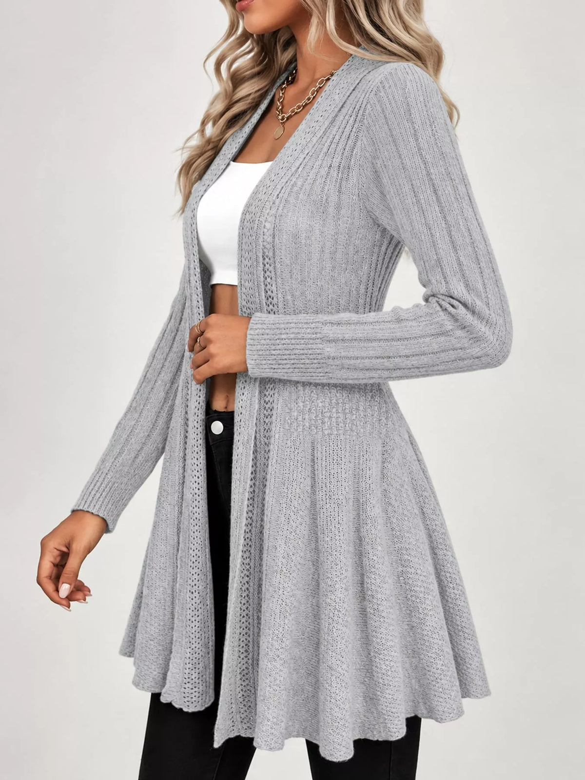 Elegant Ribbed Knit Open Front Flared Cardigan