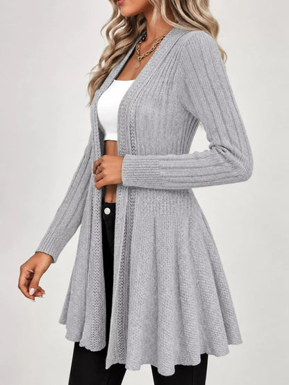 Elegant Ribbed Knit Open Front Flared Cardigan