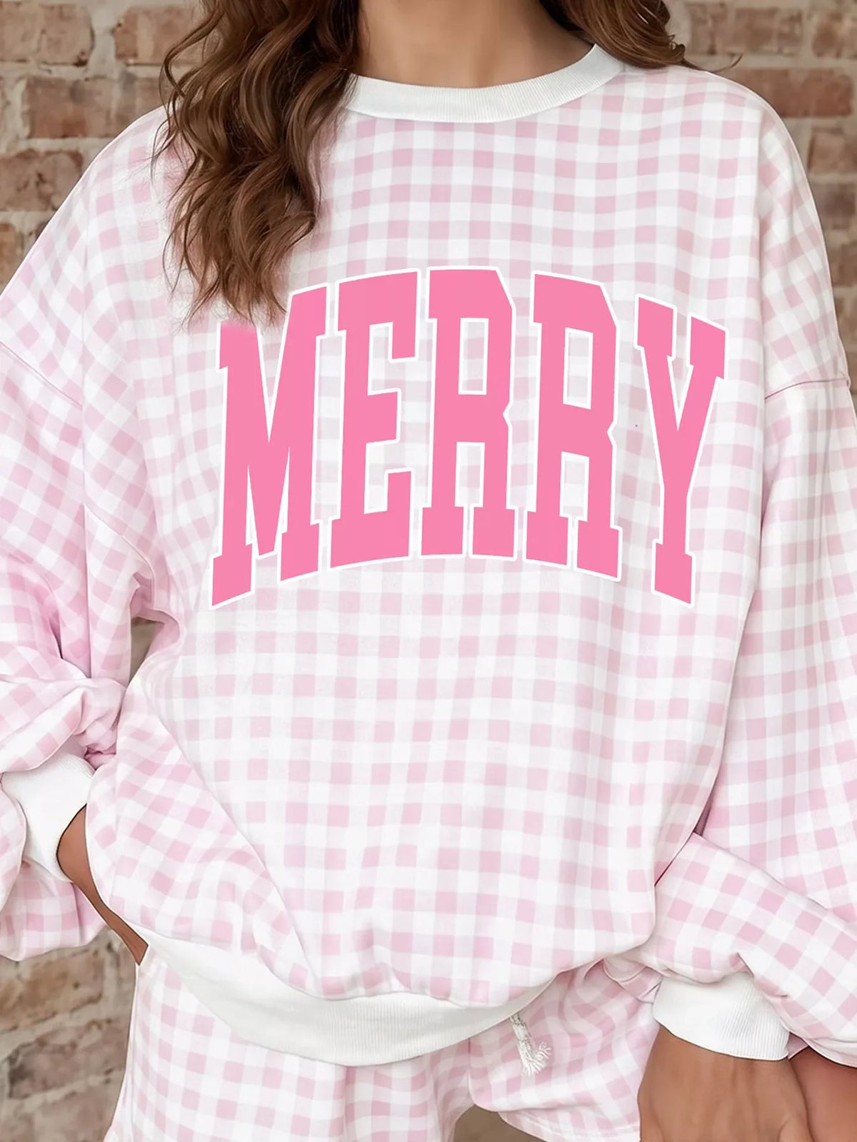 Plaid MERRY Lettering Long Sleeve Top Casual Shorts Set