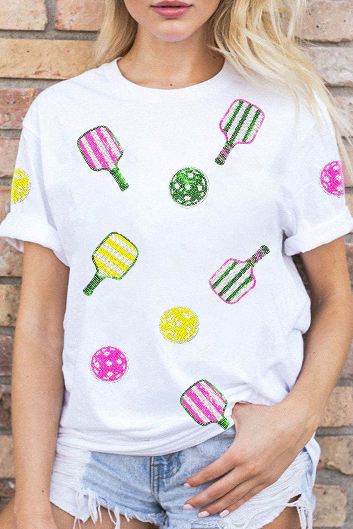 White Sequin Pickleball Graphic Casual T Shirt