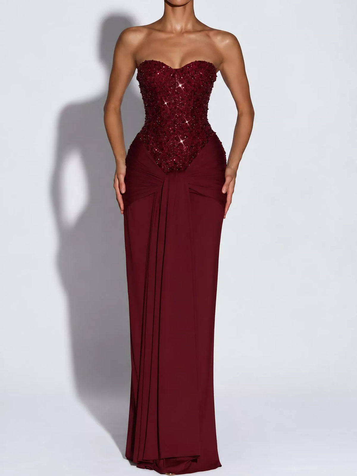 Elegant Strapless Sequin Corset Maxi Dress with Draped Waist Detail