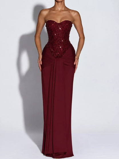 Elegant Strapless Sequin Corset Maxi Dress with Draped Waist Detail